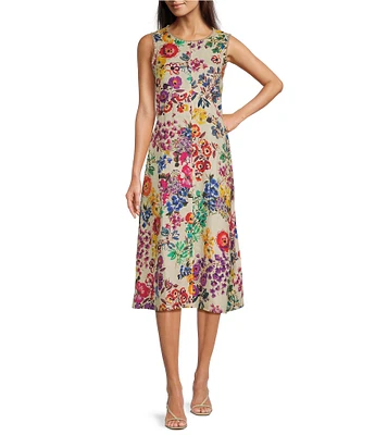 JOHNNY WAS Mixed Floral Printed Linen Crochet Trim Detail Round Neck Sleeveless A-Line Midi Dress