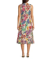 JOHNNY WAS Mixed Floral Printed Linen Crochet Trim Detail Round Neck Sleeveless A-Line Midi Dress