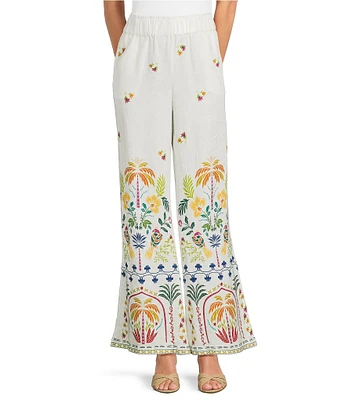 JOHNNY WAS Mixed Floral Printed Linen Elastic Waist Wide Leg Coordinating Pants