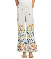 JOHNNY WAS Mixed Floral Printed Linen Elastic Waist Wide Leg Coordinating Pants