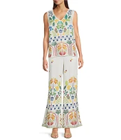 JOHNNY WAS Mixed Floral Printed Linen Elastic Waist Wide Leg Coordinating Pants