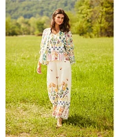 JOHNNY WAS Mixed Floral Printed Linen Elastic Waist Wide Leg Coordinating Pants