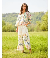 JOHNNY WAS Mixed Floral Printed Linen Elastic Waist Wide Leg Coordinating Pants