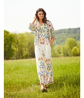 JOHNNY WAS Mixed Floral Printed Linen Elastic Waist Wide Leg Coordinating Pants