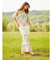 JOHNNY WAS Mixed Floral Printed Linen Elastic Waist Wide Leg Coordinating Pants