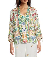 JOHNNY WAS Mixed Floral Printed Linen Long Sleeve Open-Front Cropped Kimono jacket