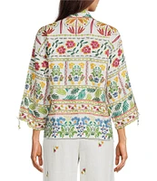 JOHNNY WAS Mixed Floral Printed Linen Long Sleeve Open-Front Cropped Kimono jacket