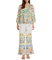 JOHNNY WAS Mixed Floral Printed Linen Long Sleeve Open-Front Cropped Kimono jacket