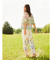 JOHNNY WAS Mixed Floral Printed Linen Long Sleeve Open-Front Cropped Kimono jacket