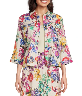 JOHNNY WAS Mixed Floral Printed Linen Point Collar 3/4 Sleeve Peplum Hem Jacket