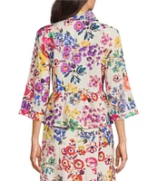 JOHNNY WAS Mixed Floral Printed Linen Point Collar 3/4 Sleeve Peplum Hem Jacket