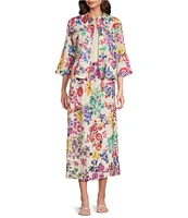 JOHNNY WAS Mixed Floral Printed Linen Point Collar 3/4 Sleeve Peplum Hem Jacket