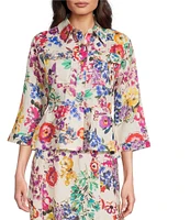 JOHNNY WAS Mixed Floral Printed Linen Point Collar 3/4 Sleeve Peplum Hem Jacket