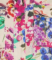 JOHNNY WAS Mixed Floral Printed Linen Point Collar 3/4 Sleeve Peplum Hem Jacket