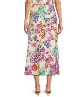 JOHNNY WAS Mixed Floral Printed Linen Seamed A-Line Pull-On Coordinaitng Midi Skirt