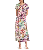 JOHNNY WAS Mixed Floral Printed Linen Seamed A-Line Pull-On Coordinaitng Midi Skirt