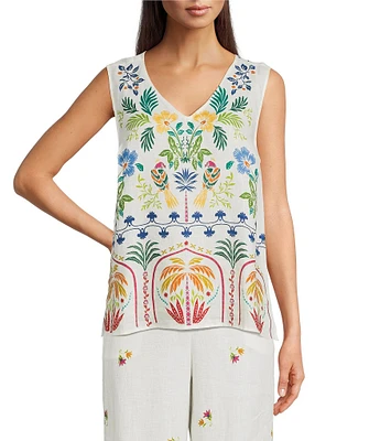JOHNNY WAS Mixed Floral Printed Linen V-Neck Sleeveless Coordinaiting Tank