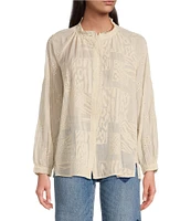 JOHNNY WAS Molli Monotone Embroidered Cupro Ruffle Trim Band Collar Long Sleeve Blouse