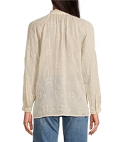 JOHNNY WAS Molli Monotone Embroidered Cupro Ruffle Trim Band Collar Long Sleeve Blouse