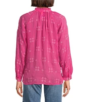 JOHNNY WAS Molli Monotone Embroidered Cupro Ruffle Trim Band Collar Long Sleeve Blouse
