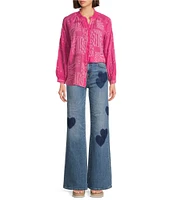 JOHNNY WAS Molli Monotone Embroidered Cupro Ruffle Trim Band Collar Long Sleeve Blouse