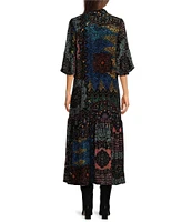 JOHNNY WAS Nash Burnout Velvet Patchwork Print V-Neck 3/4 Sleeve A-Line Midi Dress