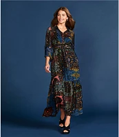 JOHNNY WAS Nash Burnout Velvet Patchwork Print V-Neck 3/4 Sleeve A-Line Midi Dress