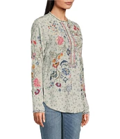 JOHNNY WAS Nya Silk V-Neck Long Sleeve Floral Embroidered Blouse