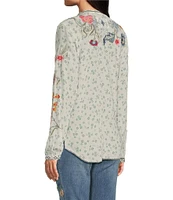 JOHNNY WAS Nya Silk V-Neck Long Sleeve Floral Embroidered Blouse