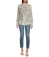 JOHNNY WAS Nya Silk V-Neck Long Sleeve Floral Embroidered Blouse