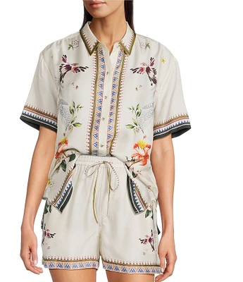 JOHNNY WAS Ophelia Floral Border Print Silk Blend Point Collar Short Sleeve Camp Coordinating Shirt
