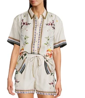 JOHNNY WAS Ophelia Floral Border Print Silk Blend Point Collar Short Sleeve Camp Coordinating Shirt