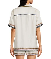 JOHNNY WAS Ophelia Floral Border Print Silk Blend Point Collar Short Sleeve Camp Coordinating Shirt