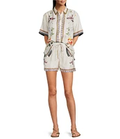 JOHNNY WAS Ophelia Floral Border Print Silk Blend Point Collar Short Sleeve Camp Coordinating Shirt