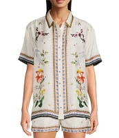 JOHNNY WAS Ophelia Floral Border Print Silk Blend Point Collar Short Sleeve Camp Coordinating Shirt