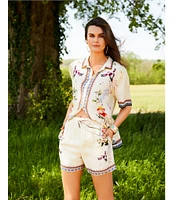 JOHNNY WAS Ophelia Floral Border Print Silk Blend Point Collar Short Sleeve Camp Coordinating Shirt