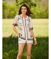 JOHNNY WAS Ophelia Floral Border Print Silk Blend Point Collar Short Sleeve Camp Coordinating Shirt