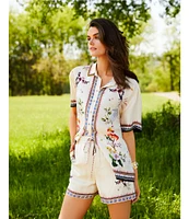 JOHNNY WAS Ophelia Floral Border Print Silk Blend Point Collar Short Sleeve Camp Coordinating Shirt