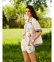 JOHNNY WAS Ophelia Floral Border Print Silk Blend Point Collar Short Sleeve Camp Coordinating Shirt