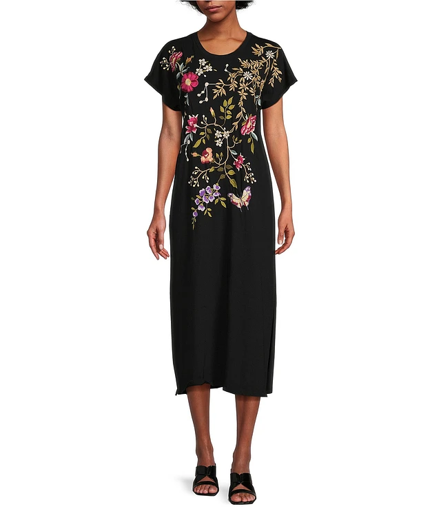 JOHNNY WAS Osaka Cotton Knit Embroidered Placement Floral Motif Short Sleeve Midi Shift Dress | Liberty Center JOHNNY WAS Osaka Cotton Knit Embroidered Placement Floral Motif Short Sleeve Midi Shift Dress | Liberty Center