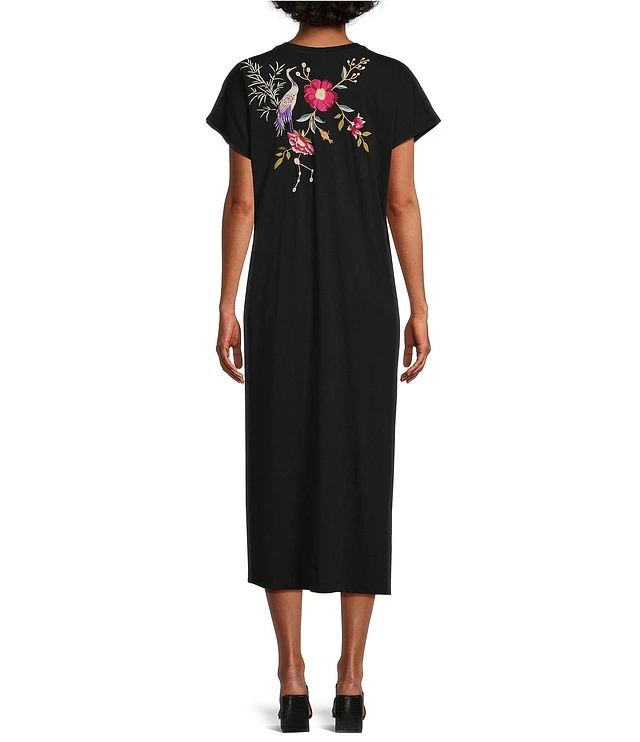 JOHNNY WAS Osaka Cotton Knit Embroidered Placement Floral Motif Short Sleeve Midi Shift Dress | Liberty Center JOHNNY WAS Osaka Cotton Knit Embroidered Placement Floral Motif Short Sleeve Midi Shift Dress | Liberty Center
