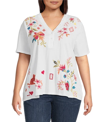 JOHNNY WAS Plus Georgia Floral Embroidered Cotton Knit Button Detail V-Neck Short Sleeve Tee