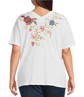 JOHNNY WAS Plus Georgia Floral Embroidered Cotton Knit Button Detail V-Neck Short Sleeve Tee