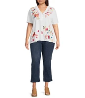 JOHNNY WAS Plus Georgia Floral Embroidered Cotton Knit Button Detail V-Neck Short Sleeve Tee
