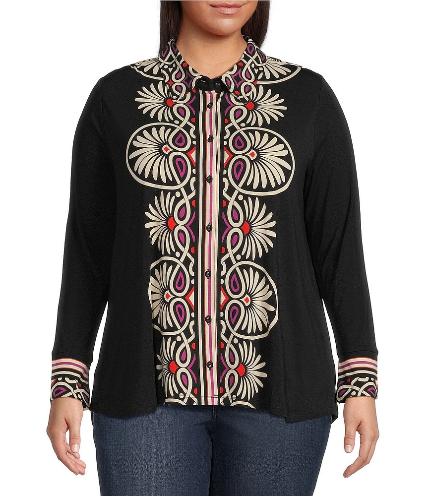 JOHNNY WAS Plus Size Bamboo Knit Placement Print Point Collar Long Sleeve Button Front Shirt