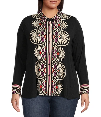 JOHNNY WAS Plus Size Bamboo Knit Placement Print Point Collar Long Sleeve Button Front Shirt