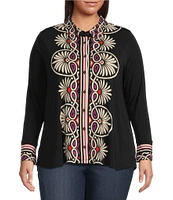 JOHNNY WAS Plus Size Bamboo Knit Placement Print Point Collar Long Sleeve Button Front Shirt