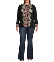 JOHNNY WAS Plus Size Bamboo Knit Placement Print Point Collar Long Sleeve Button Front Shirt