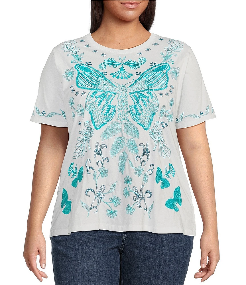 JOHNNY WAS Plus Size Benedita Embroidered Knit Crew Neck Short Sleeve Tee