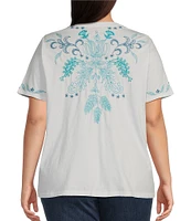 JOHNNY WAS Plus Size Benedita Embroidered Knit Crew Neck Short Sleeve Tee